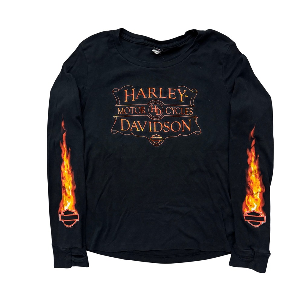 Y2K Harley Davidson Flames Long Sleeve Shirt Top Women's M